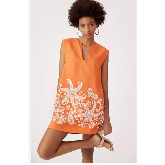 Anthropologie Maeve Starfish Embroidered Tunic Mini Dress Orange 4 - Picture 1 of 8